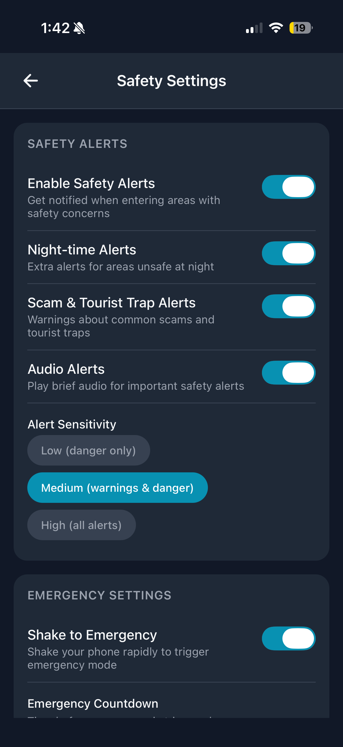 Safety settings with alerts, scam warnings, and emergency features
